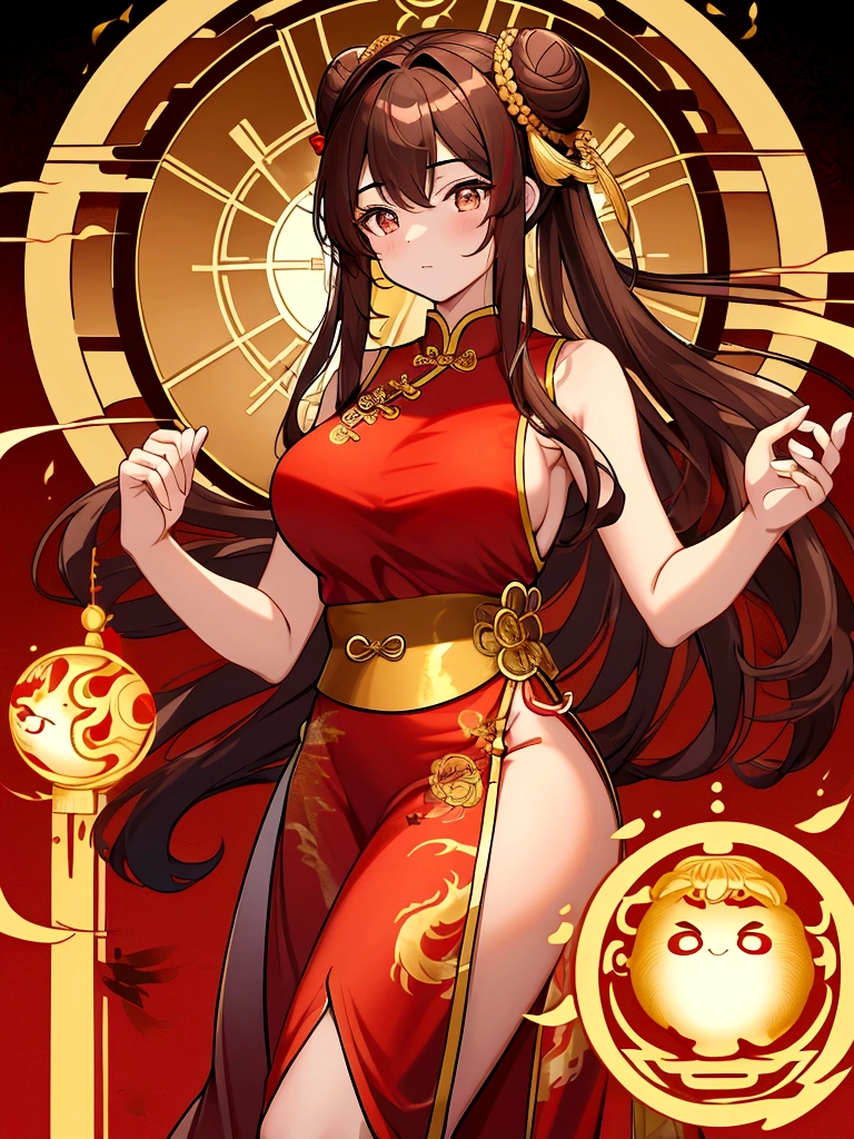  Huge  Chinese martial artist 17 years old girl.long brown hair in hime-cut style, which she ties in Chinese-style twin-buns using white ribbons . Golden eyes. fair-complexion and has a hourglass figure with moderate bust-size.sleeveless-strapless dark red long cheongsam with golden chinese dragon draw on it. 