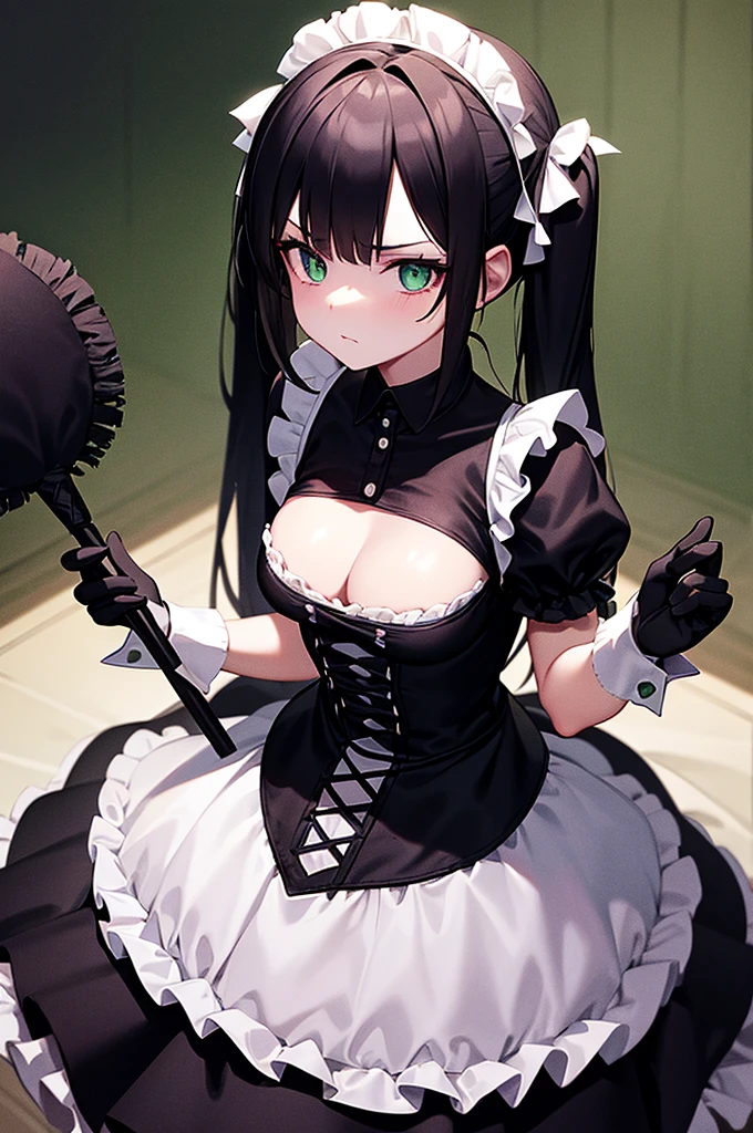 Content:
A woman in a black and white dress, holding a glass and a feather duster. She has black hair styled in twin tails and green eyes. She is wearing a maid costume with white gloves, and her expression is annoyed
Medium:
Digital art, anime illustration.
Style:
Gapmoe yandere grimdark, gothic maiden anime girl. Inspired by dark and eerie anime aesthetics, with a focus on contrast between the cute maid outfit and her nuanced expression.
Lighting:
Dramatic and moody lighting, with strong shadows to enhance the gothic atmosphere. Subtle highlights to emphasize her facial features and the details of her outfit.
Colours:
A dark palette dominated by black, white, and subtle greens. The black hair and green eyes contrast with the white details of her maid costume and gloves.