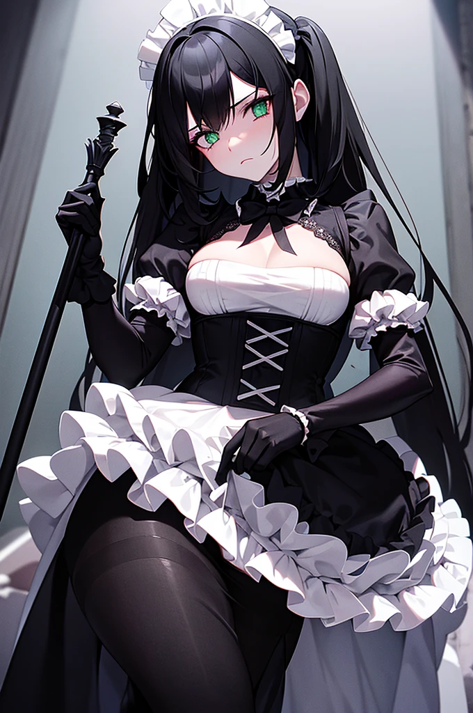 Content:
A woman in a black and white dress, holding a glass and a feather duster. She has black hair styled in twin tails and green eyes. She is wearing a maid costume with white gloves, and her expression is annoyed
Medium:
Digital art, anime illustration.
Style:
Gapmoe yandere grimdark, gothic maiden anime girl. Inspired by dark and eerie anime aesthetics, with a focus on contrast between the cute maid outfit and her nuanced expression.
Lighting:
Dramatic and moody lighting, with strong shadows to enhance the gothic atmosphere. Subtle highlights to emphasize her facial features and the details of her outfit.
Colours:
A dark palette dominated by black, white, and subtle greens. The black hair and green eyes contrast with the white details of her maid costume and gloves.
