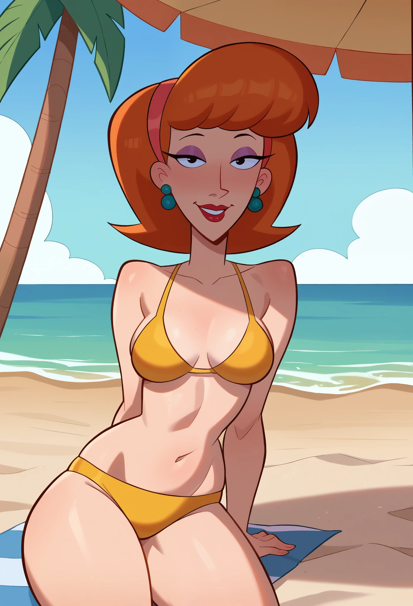 score_9, score_8_up, score_7_up, BREAK, 1girl, solo, breasts, mature female, lindaflynnfletcher, makeup, hairband, earrings, on beach, lies on sand, palm, yellow bikini, flat color, gradient background, seductive smile,