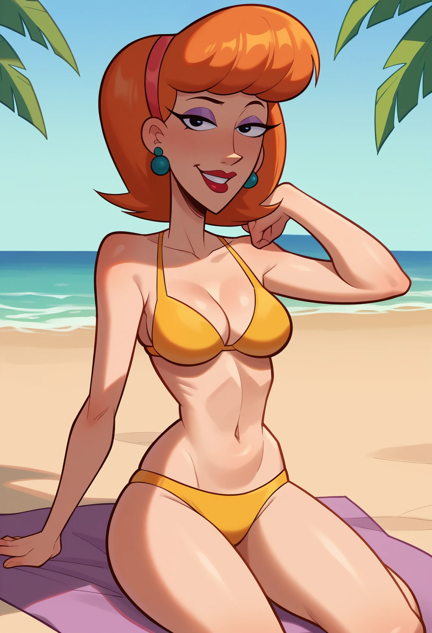 score_9, score_8_up, score_7_up, BREAK, 1girl, solo, breasts, mature female, lindaflynnfletcher, makeup, hairband, earrings, on beach, lies on sand, palm, yellow bikini, flat color, gradient background, seductive smile,