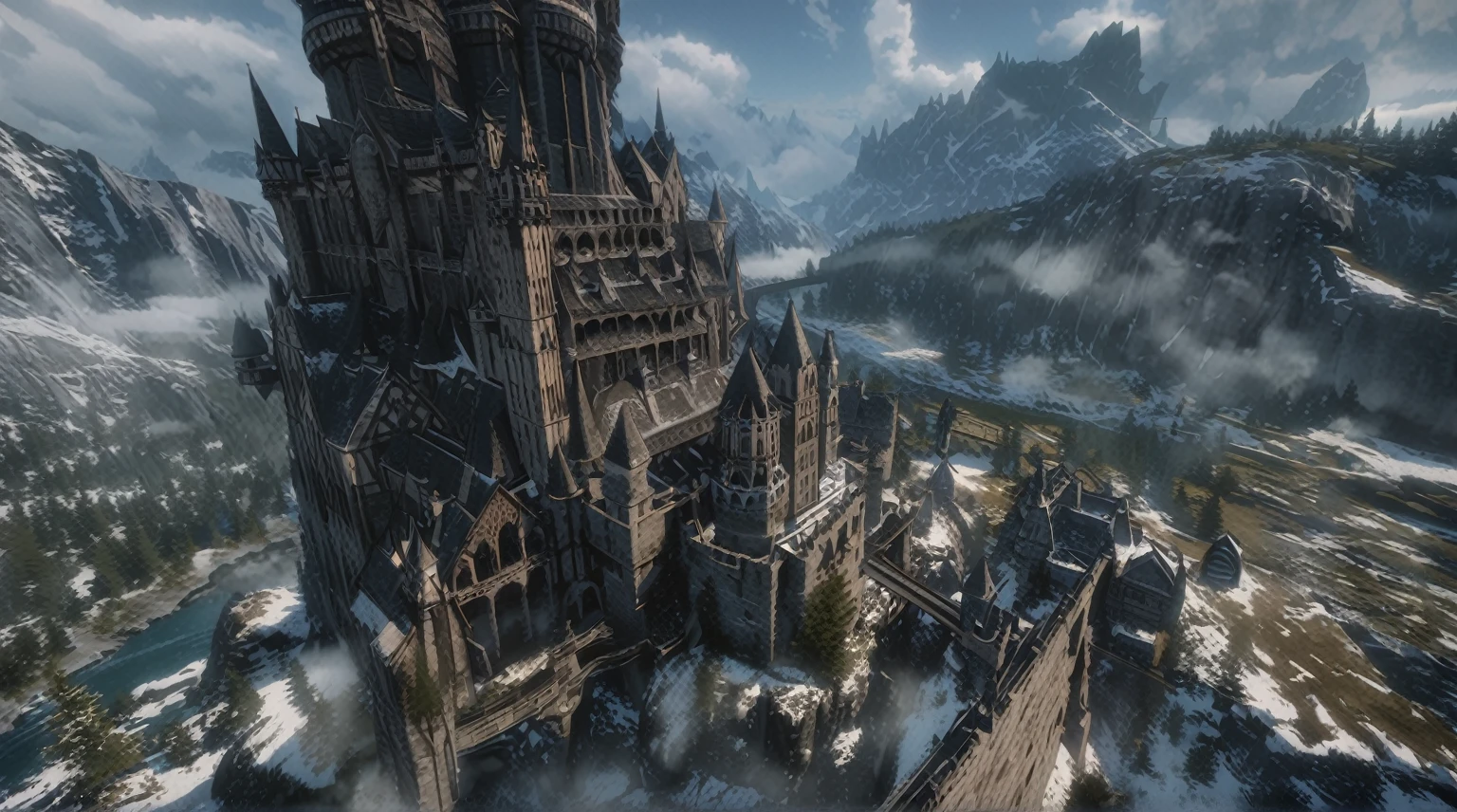 anime aetetics, big wooden nordic castle, a little fog, northen architecture, vikings architecture, day time, epic structure, histiorical monument, river on the background, foot of the mountain on the background, northern lanscape, tundra, whiterun city, skyrim inspired, from skyrim, skyrim, wide shot, atmospheric perspective, perspective, 4K, 8k, award winning, super detail, masterpiece, UHD