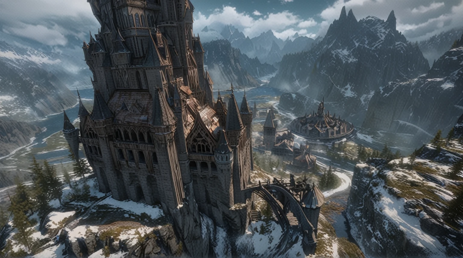  anime aetetics, big wooden nordic castle, a little fog, northen architecture, vikings architecture, day time, epic structure, histiorical monument, river on the background, foot of the mountain on the background, northern lanscape, tundra, whiterun city, skyrim inspired, from skyrim, skyrim, wide shot, atmospheric perspective, perspective, 4K, 8k, award winning, super detail, masterpiece, UHD