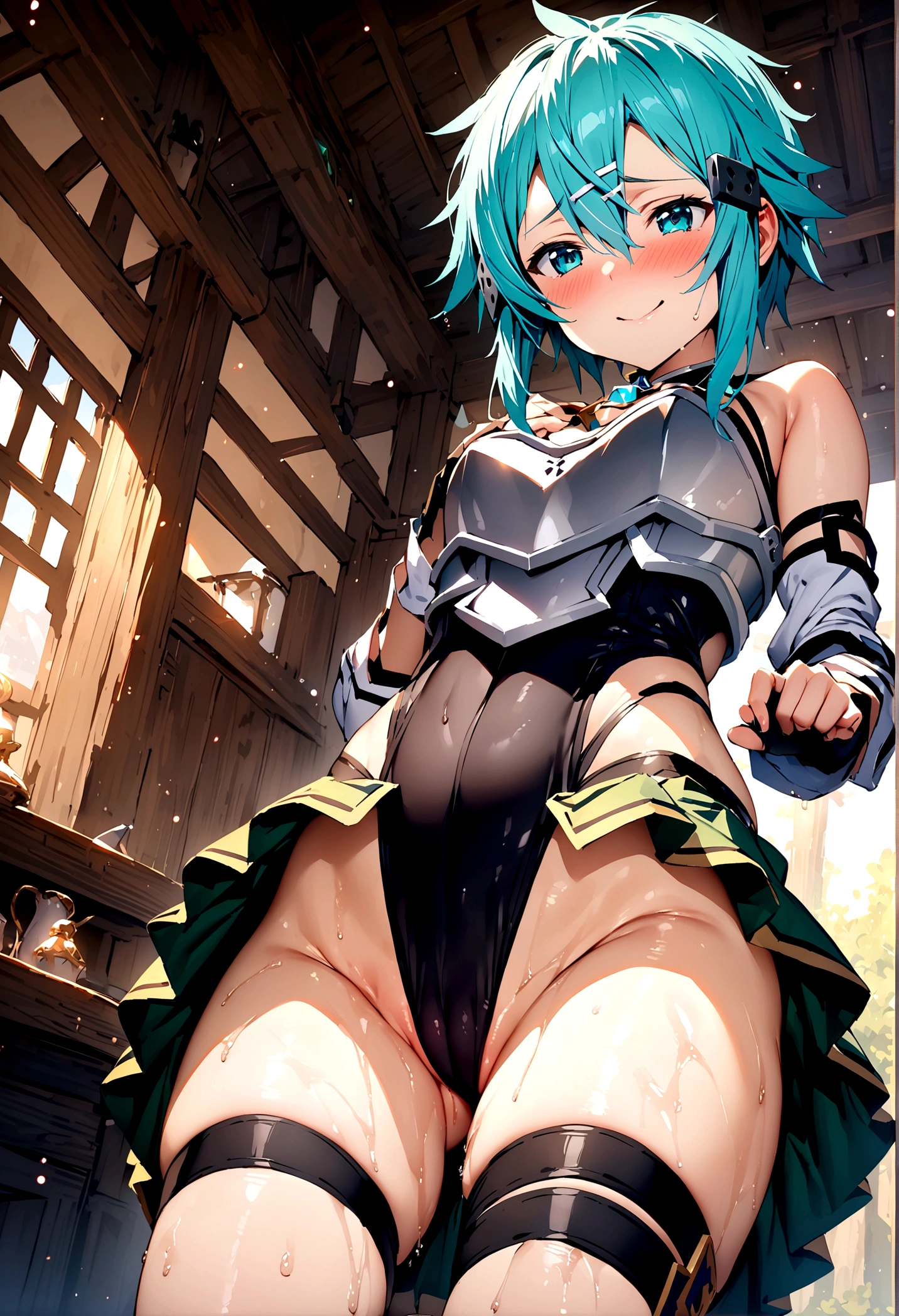NSFW,masterpiece,Highest quality,High resolution,Super detailed,Sinon\(Sword Art Online\),armor,breastplate,leotard,skirt,gem, hair ornaments, Hair Clip,Embarrassed,Watery eye,smile,blush,Fantasy,inn