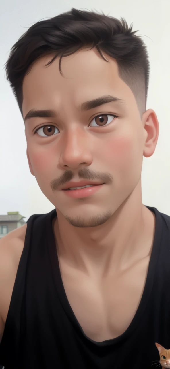 Realistic portrait of a seven-year-old boy, He wears a red shirt . His face is childish and exploratory . He goes out cautiously into the garden of the house, A small cat is among the bushes and he touches it cautiously ,Not facing the camera,, Hair is untidy ,