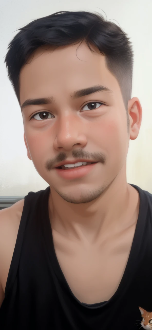 Realistic portrait of a seven-year-old boy, He wears a red shirt . His face is childish and exploratory . He goes out cautiously into the garden of the house, A small cat is among the bushes and he touches it cautiously ,Not facing the camera,, Hair is untidy ,