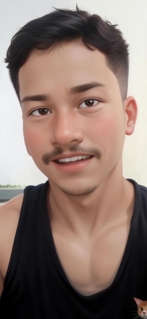 Realistic portrait of a seven-year-old boy, He wears a red shirt . His face is childish and exploratory . He goes out cautiously into the garden of the house, A small cat is among the bushes and he touches it cautiously ,Not facing the camera,, Hair is untidy ,