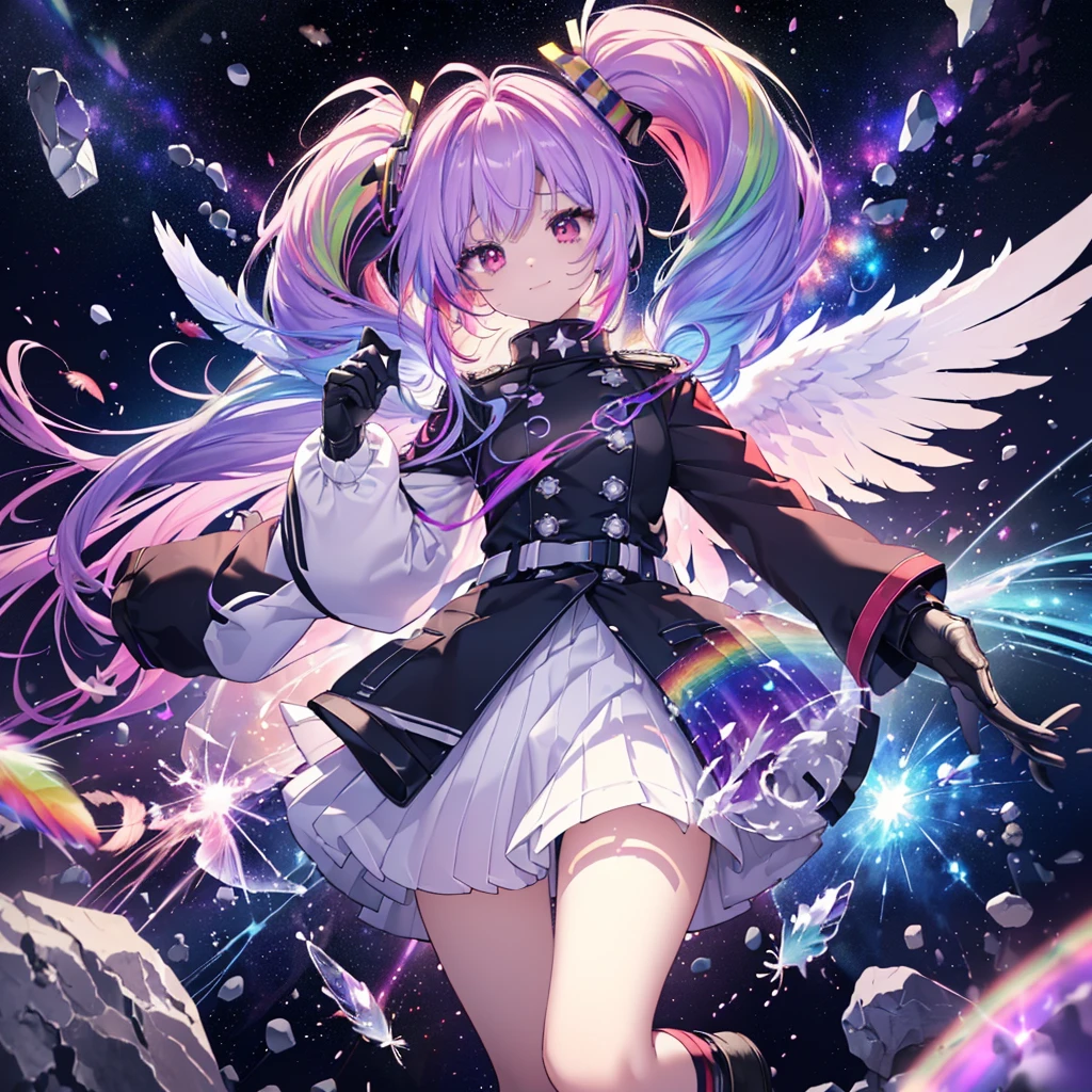 ((Archangel Fantasy Rainbow Hair Make your hair rainbow-colored on the inside Twin tails Dull red eyes Has a galaxy uniform Put on a coat without putting your arms through it Wings many times larger than mine rainbow gradient feathers Lonely Smiling Kindly front)) ((tears gloves)) (Broken glass Rolling Pebbles Distorted Space-Time star) Catch the wind milky way Shining Background Particles of light, rainbow colored edges star