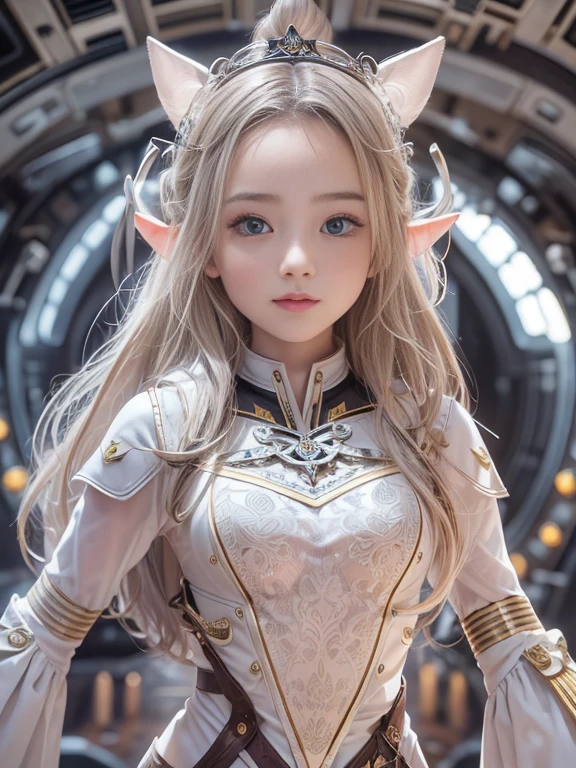 masterpiece, Highest quality, Highly detailed CG Unity 8k wallpaper,((so beautiful8Year old Nordic girl, whole body)), ((Bedroom inside the spaceship)), Elegant long wavy blonde hair, ((Small breasts, Pink nipples, Self-illuminating skin)), ((A revealing black-on-white military uniform, Geometric Circlet)), (((Long pointed ears))), (Sweaty and wet white skin), (blush), , (Captivating smile), (Perfectly symmetrical and cute face), Detailed eyes, Key Art, intricate detail realism hdr, Photorealism, Hyperrealism, Ultra-realistic, Dramatic Light, Strong Shadows, Nice views, Depth of written boundary