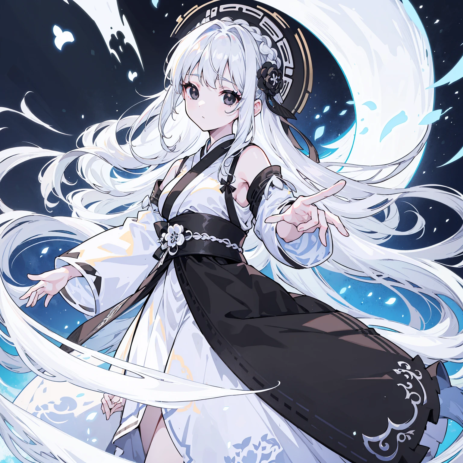 (Top image quality)、(Ultra Detailed)、(Facing forward)、top quality、masterpiece、(((1 girl)))、Silver Hair、white hair、((Long hair))、(black eyes:1.6)、(Hanfu)