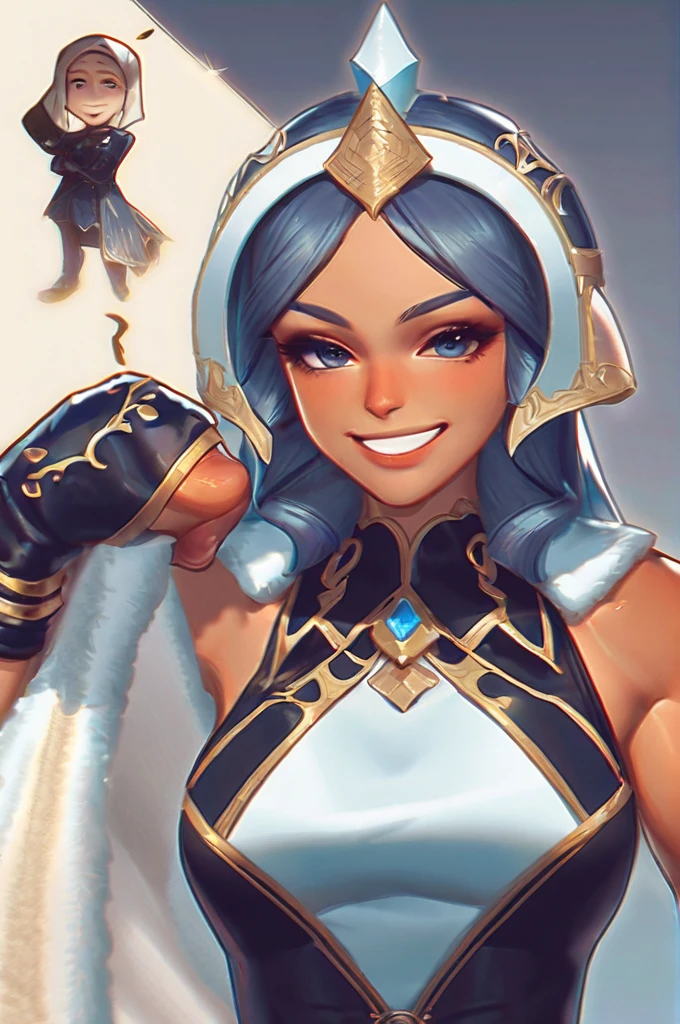((Лучшее качество)), ((шедевр)), (подробный), tanned futanari girl have a penis warrior wearing nothing but knight helmet flexing and smiling