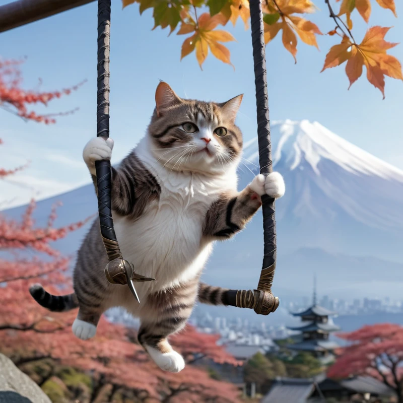 (whole body),(((Fat Cat))),(aFat Cat 着物を着て、Swing the sword up, With Mt. Fuji in the background,Leaves flutter),Ultra-detailed,Hyperrealism,Sharp Shot,Cinematic,Action packed background,Effect Bokeh