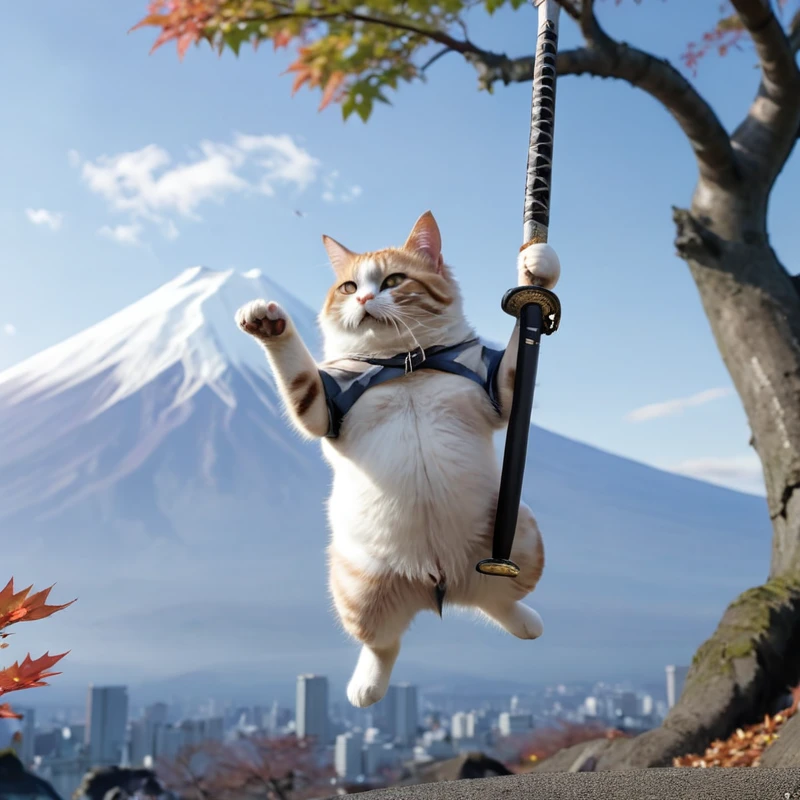(whole body),(((Fat Cat))),(aFat Cat 着物を着て、Swing the sword up, With Mt. Fuji in the background,Leaves flutter),Ultra-detailed,Hyperrealism,Sharp Shot,Cinematic,Action packed background,Effect Bokeh