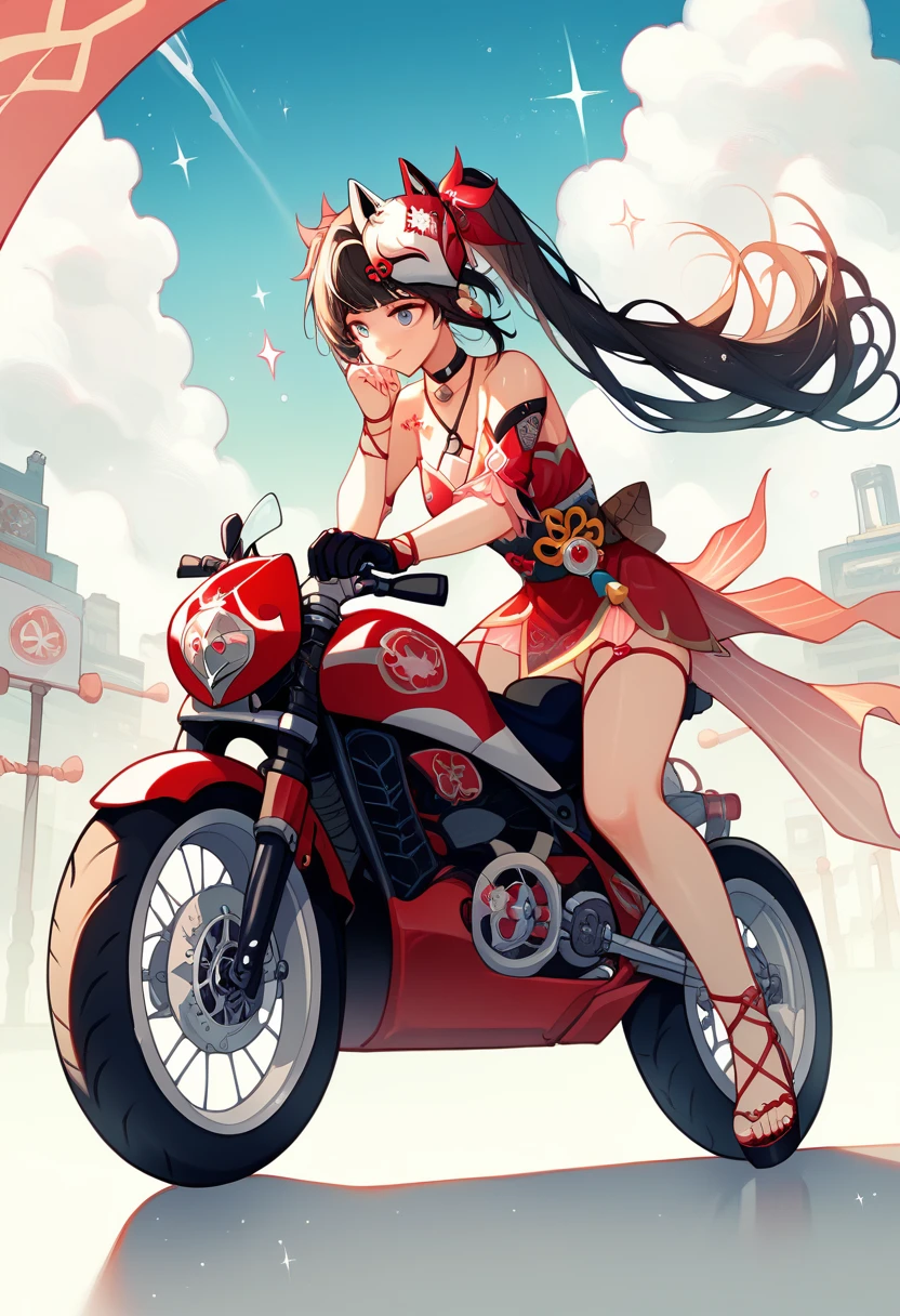 score_9, score_8_up, score_7_up, absurdres, 1girl, sparkle, mask on head, choker, single glove, bracelet, thigh strap, riding superbike, yamaha, sportbike, motorcycle, full fairing bike