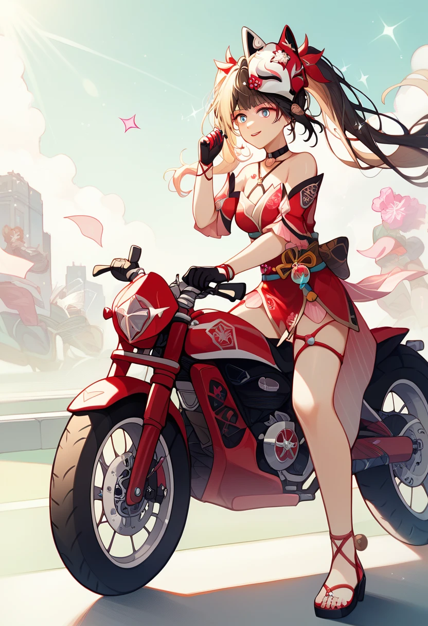 score_9, score_8_up, score_7_up, absurdres, 1girl, sparkle, mask on head, choker, single glove, bracelet, thigh strap, riding superbike, yamaha, sportbike, motorcycle, full fairing bike