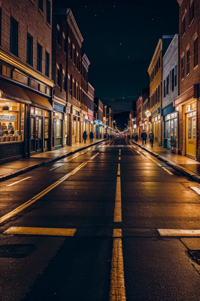 Establishing shot of a bustling, brightly lit nighttime street in a small town.