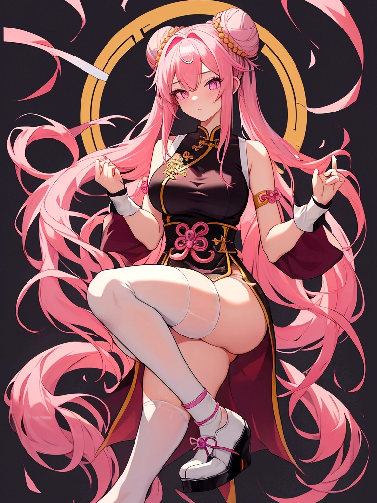 Huge 17 years old chinese martial artist girl.long pink hair in hime-cut style, which she ties in Chinese-style twin-buns using black ribbons. Her eyes are a shade of pink-purple.fair-complexion and has a hourglass figure with moderate bust-size. sleeveless-strapless white cheongsam with short-pants like bottom with split-sides that reaches high-thigh length. thigh-high white socks on her right-leg held by a white strap, while a short white shocks on her left-leg, with black cloth shoes tied around her ankle