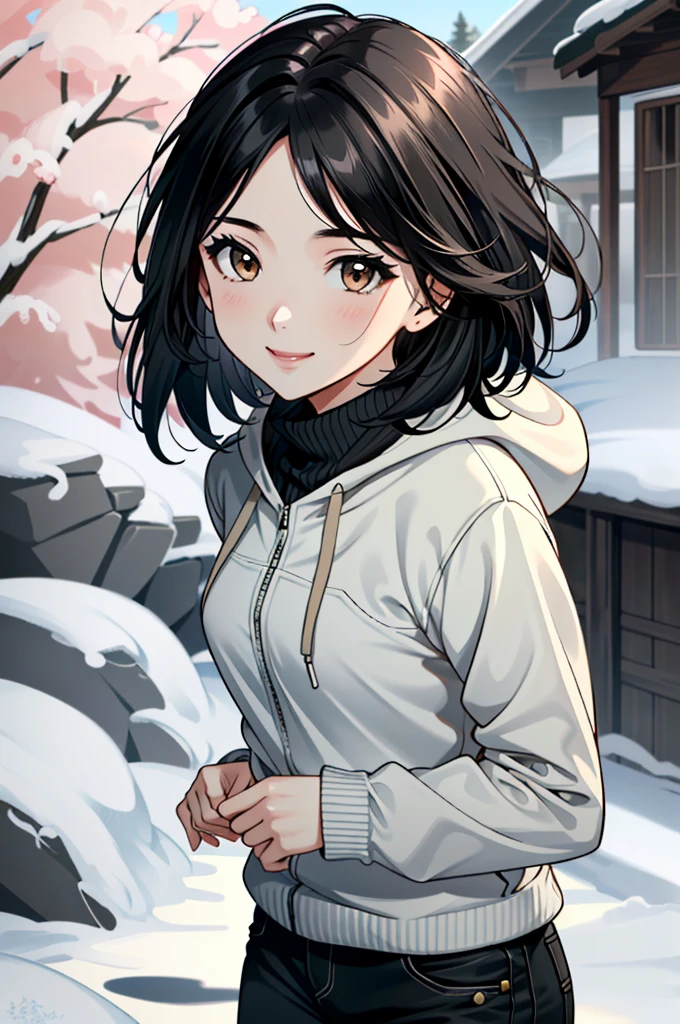 ((ultra detailed, masterpiece, absurdres))
 UDEmily, 1girl, solo, black hair, brown eyes, short hair, in a winter wonderland, cowboy shot, winter clothing, smile