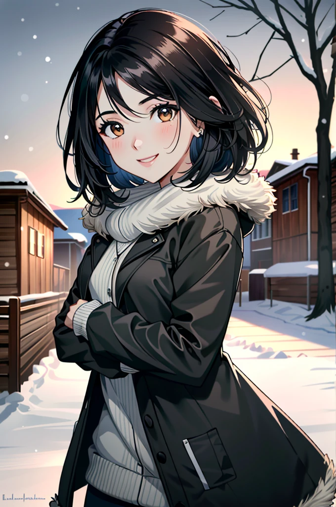 ((ultra detailed, masterpiece, absurdres))
 UDEmily, 1girl, solo, black hair, brown eyes, short hair, in a winter wonderland, cowboy shot, winter clothing, smile