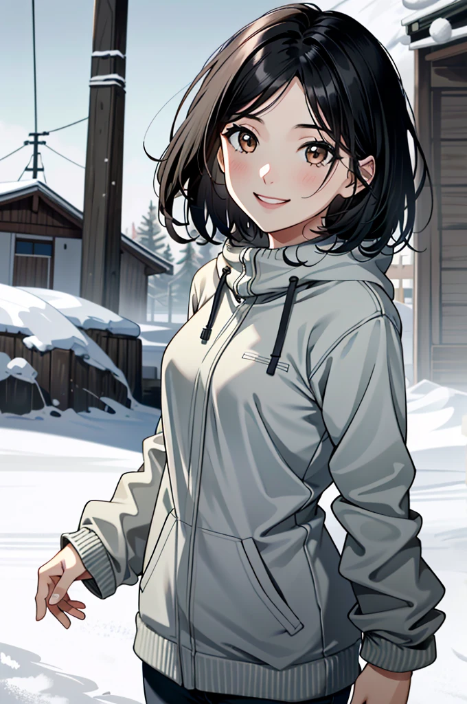 ((ultra detailed, masterpiece, absurdres))
 UDEmily, 1girl, solo, black hair, brown eyes, short hair, in a winter wonderland, cowboy shot, winter clothing, smile