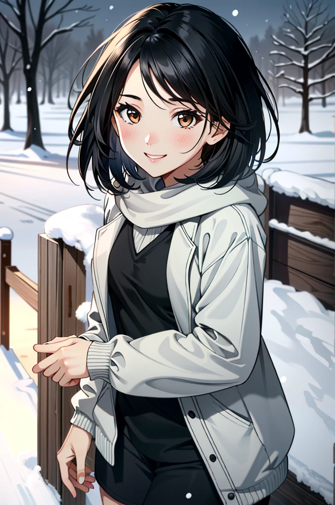 ((ultra detailed, masterpiece, absurdres))
 UDEmily, 1girl, solo, black hair, brown eyes, short hair, in a winter wonderland, cowboy shot, winter clothing, smile