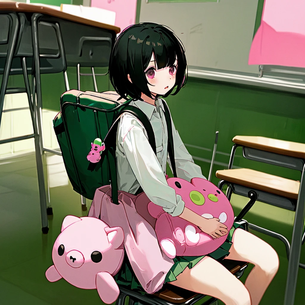 A girl, short black hair, dark eyes, wearing white shirt, green warp skirt, a pink backpack with a tiny plushie, sitting on the seat, in the classroom