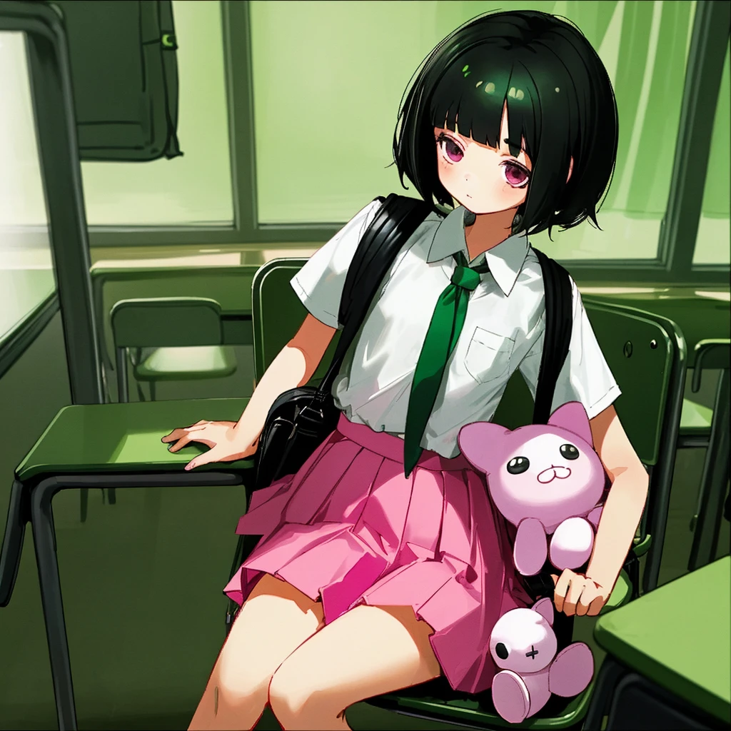 A girl, short black hair, dark eyes, wearing white shirt, green warp skirt, a pink backpack with a tiny plushie, sitting on the seat, in the classroom 