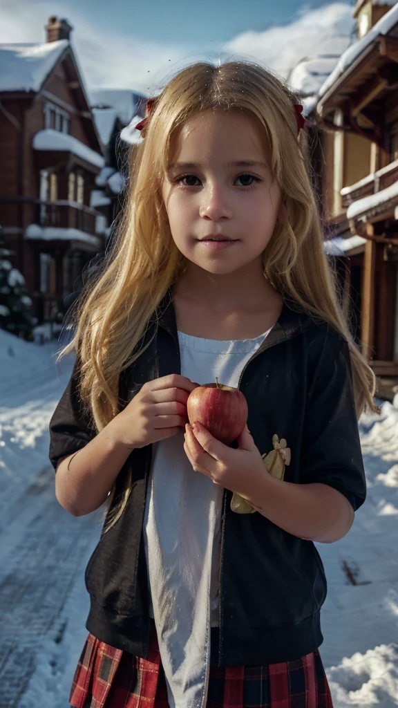 There is a BLONDE girl holding two apples in her hands, eating rotten fruit, holding an apple, with apple, apples, girl wearing uniform, children, photo bank, children, red apples, snow white portrait, wearing , wearing a , one holds apple in hand, 3/4 see portrait, children, bank image