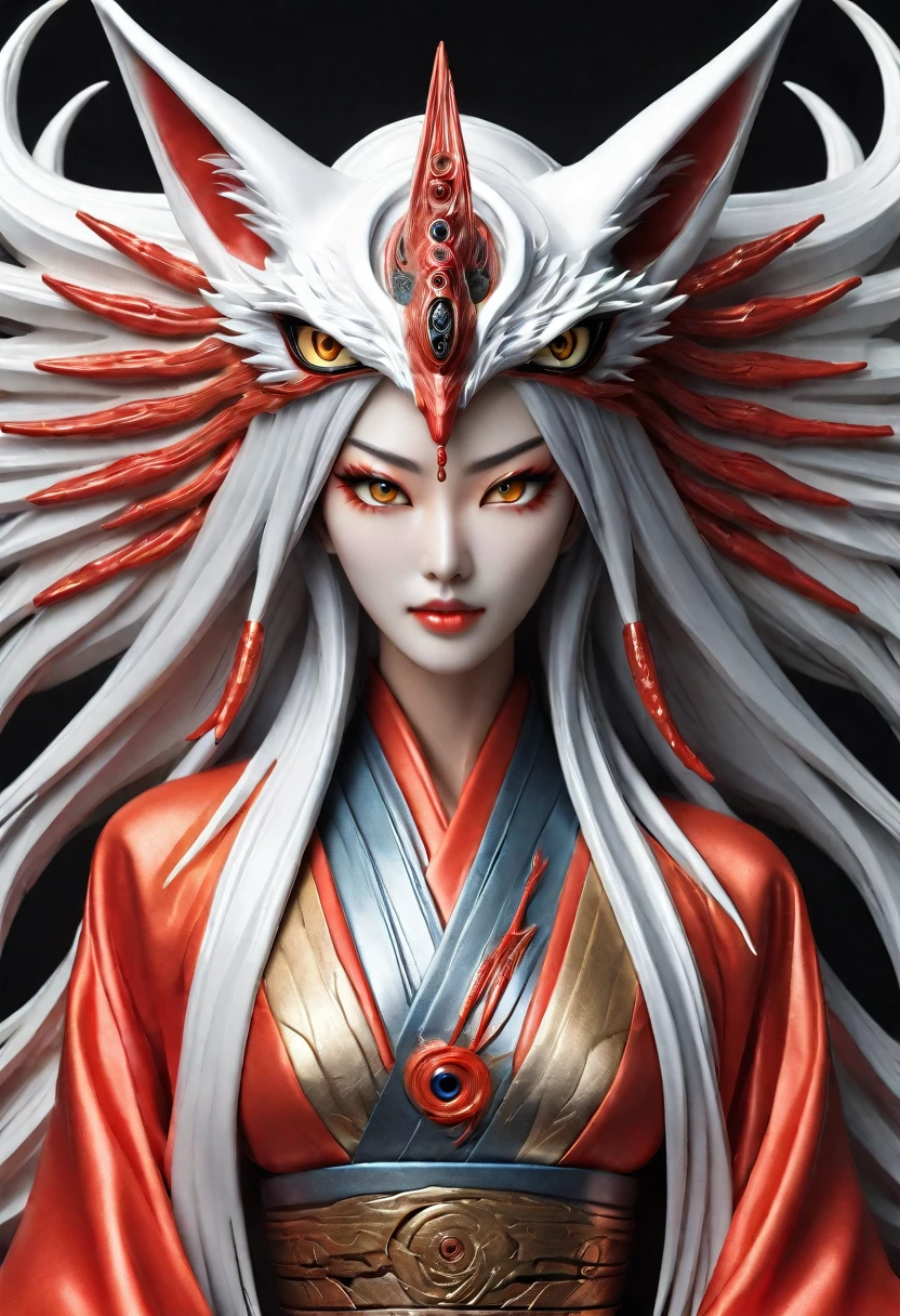 Ultra-high resolution, (Realistic, photo Realistic:1.37) Very beautiful and shining eyes Apparition Nine-Tailed Fox Shrine Maiden's Clothing woman Personification background shrine Worried look, Scared