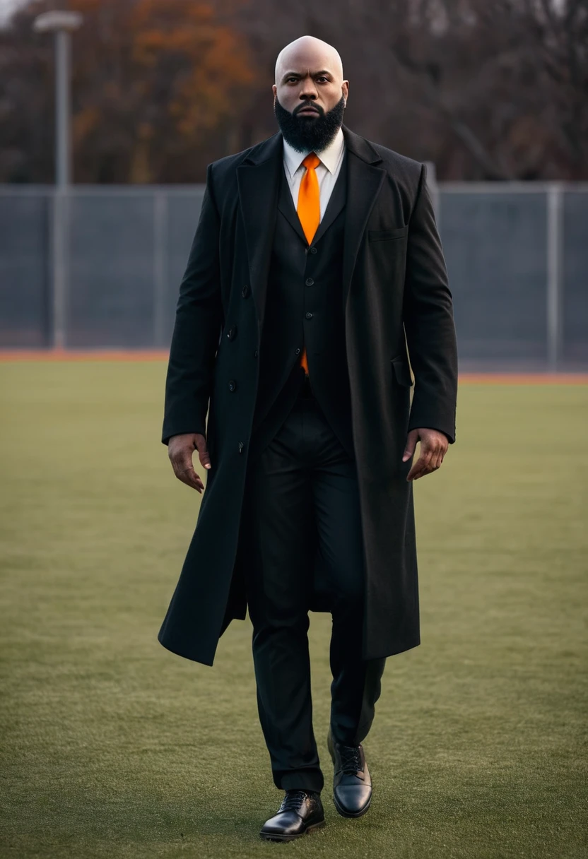 full body shot of a bald african-american man in a black suit and black overcoat, black shirt, orange tie, orange pocket square, black cropped beard, walking toward camera, looking at camera, determined, photorealistic, professional, bokeh, cinematic photo, realistic, (real lighting:1.2), (realistic lighting:1.5), (real ilumination:1.2), (realistic ilumination:1.5), (shadows:1.2),(real shadows), 4k, highly detailed, ((on a soccer field)), ((overcast sky)), ((((full body shot))))