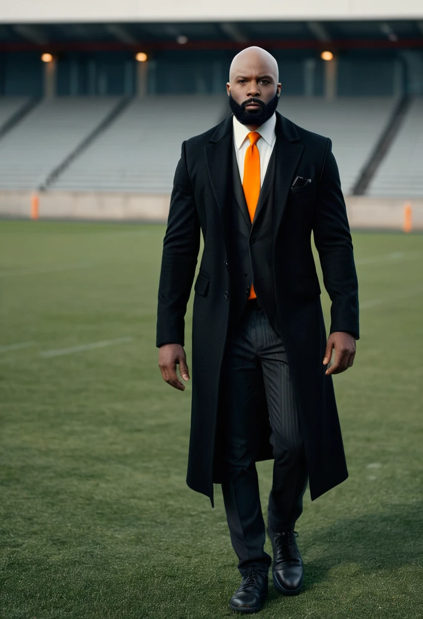 full body shot of a bald african-american man in a black suit and black overcoat, black shirt, orange tie, orange pocket square, black cropped beard, walking toward camera, looking at camera, determined, photorealistic, professional, bokeh, cinematic photo, realistic, (real lighting:1.2), (realistic lighting:1.5), (real ilumination:1.2), (realistic ilumination:1.5), (shadows:1.2),(real shadows), 4k, highly detailed, ((on a soccer field)), ((overcast sky)), ((((full body shot))))