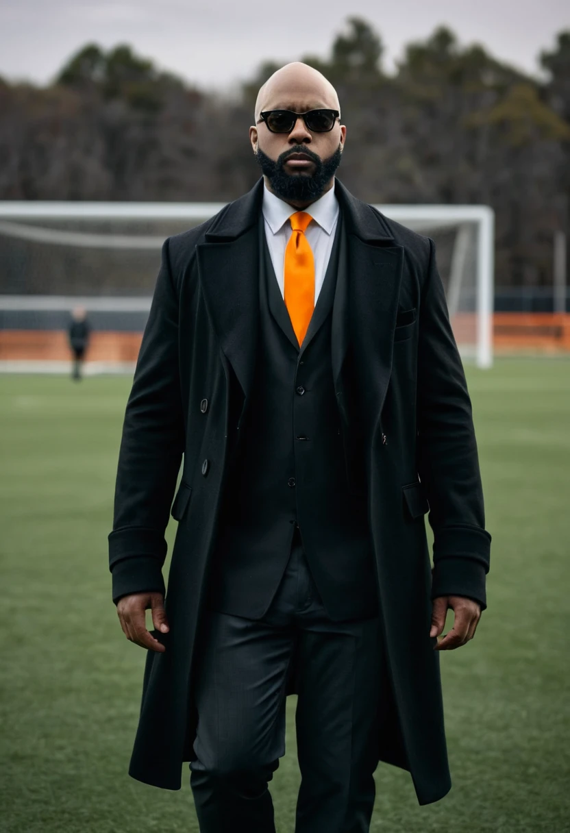 full body shot of a bald african-american man in a black suit and black overcoat, black shirt, orange tie, orange pocket square, black cropped beard, walking toward camera, looking at camera, determined, photorealistic, professional, bokeh, cinematic photo, realistic, (real lighting:1.2), (realistic lighting:1.5), (real ilumination:1.2), (realistic ilumination:1.5), (shadows:1.2),(real shadows), 4k, highly detailed, ((on a soccer field)), ((overcast sky)), ((((full body shot))))
