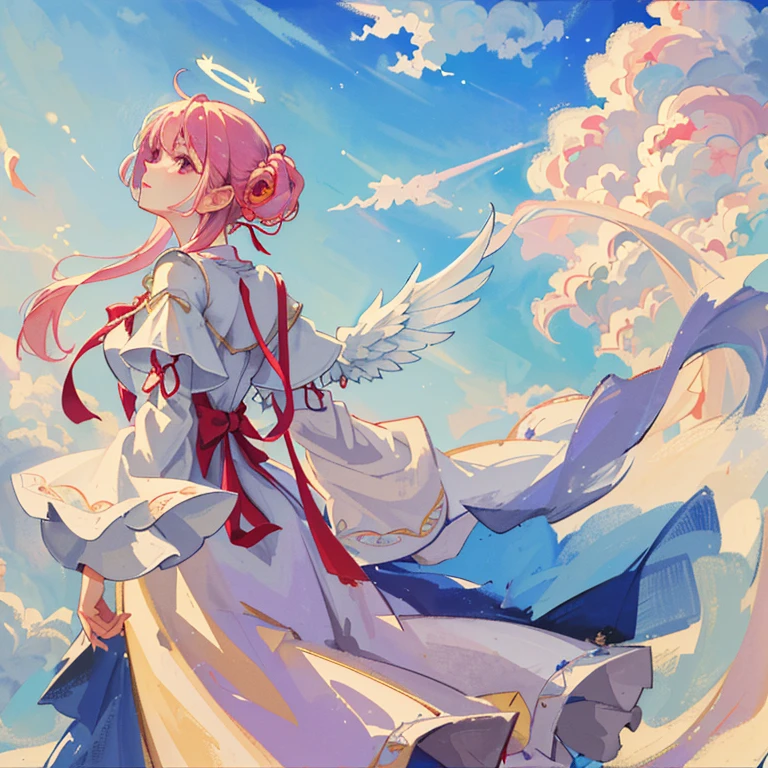 (masterpiece, Highest quality:1.3), Ultra high definition, Fantasy, Angel、woman、dancing、cloud、temple、Beautiful light、Halo、Overlooking、Back view、dress、Swaying in the Wind、Big wings on the back、Looking up at the sky