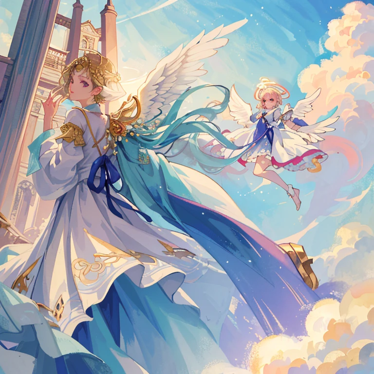 (masterpiece, Highest quality:1.3), Ultra high definition, Fantasy, Angel、woman、dancing、cloud、temple、Beautiful light、Halo、Overlooking、Back view、dress、Swaying in the Wind、Big wings on the back、Looking up at the sky