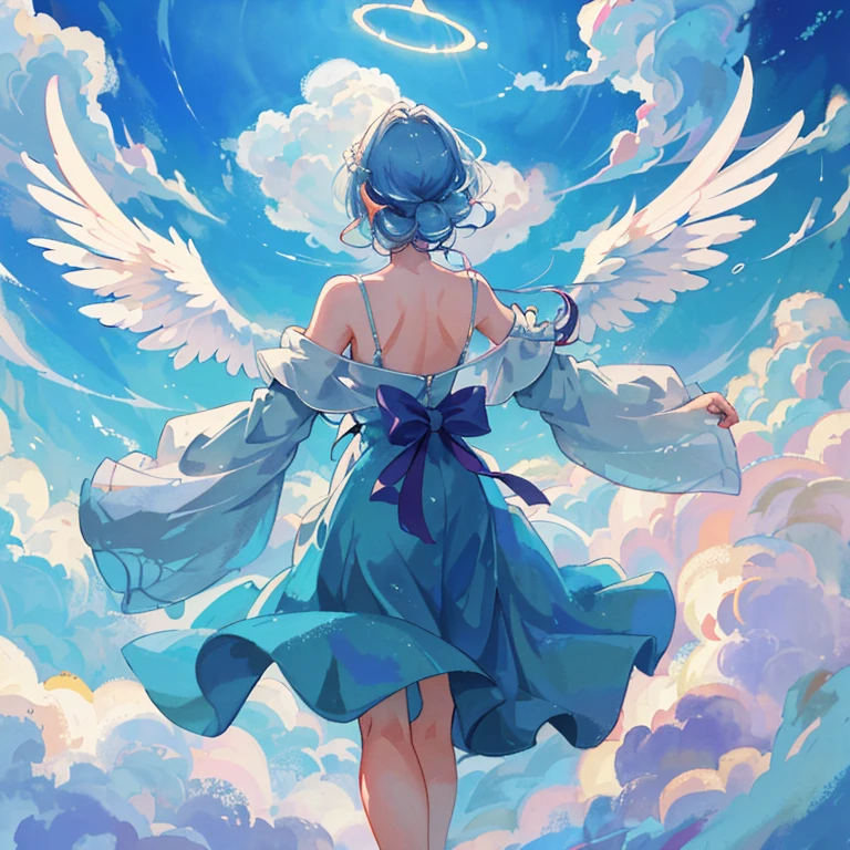 (masterpiece, Highest quality:1.3), Ultra high definition, Fantasy, Angel、woman、dancing、cloud、temple、Beautiful light、Halo、Overlooking、Back view、dress、Swaying in the Wind、Big wings on the back、Looking up at the sky