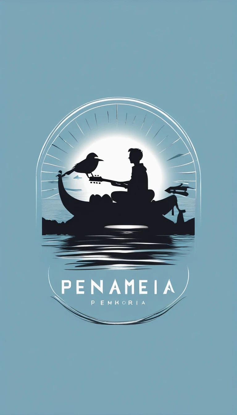 A minimal, modern, simple, cinematic logo design for the brand “Penamemoria". The logo design must be a simple, silhouette of a boy, standing up, playing acoustic guitar and fantasy feather by his side. The logo must convey a sense of music, stories, memories and dreams. Logo design impressed on a book cover. Minimalistic logo. Light blue, white and soft golden as colors for the logo design