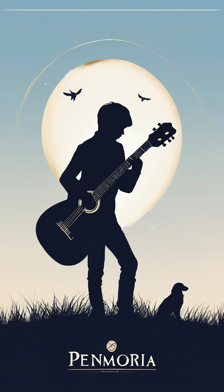 A minimal, modern, simple, cinematic logo design for the brand “Penamemoria". The logo design must be a simple, silhouette of a boy, standing up, playing acoustic guitar and fantasy feather by his side. The logo must convey a sense of music, stories, memories and dreams. Logo design impressed on a book cover. Minimalistic logo. Light blue, white and soft golden as colors for the logo design