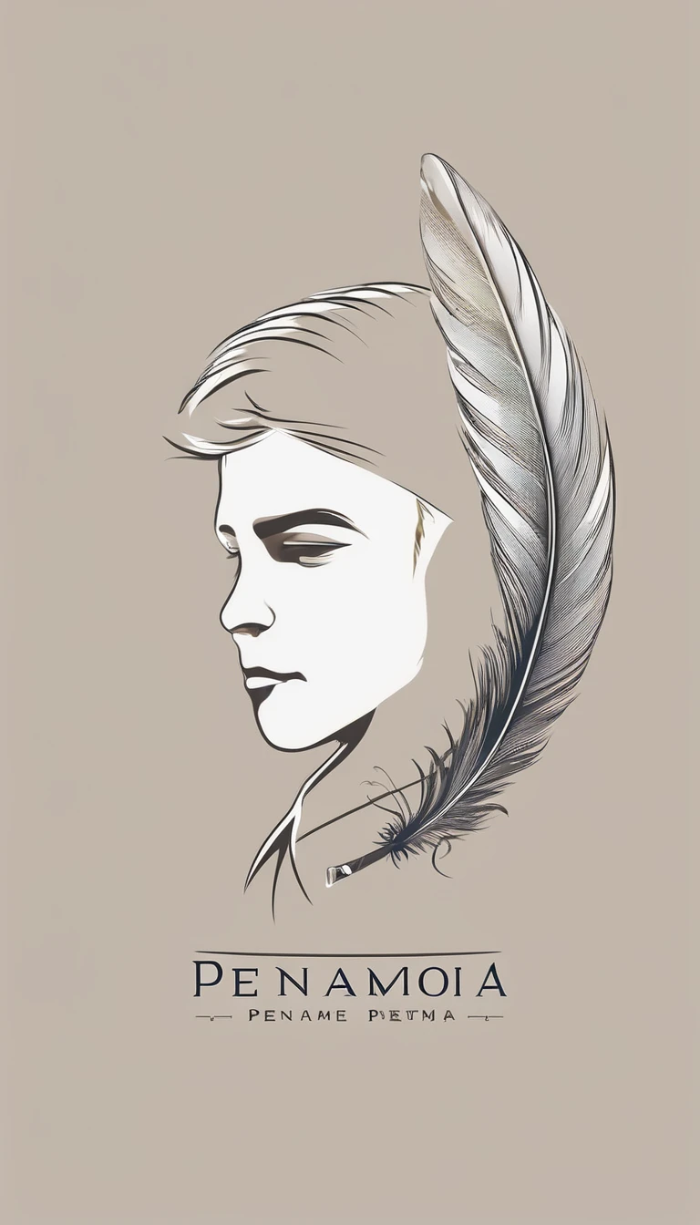 Create a minimal, modern, simple, inspirational, memorable, dream like logo design of a boy and a feather for the brand “Penamemoria".