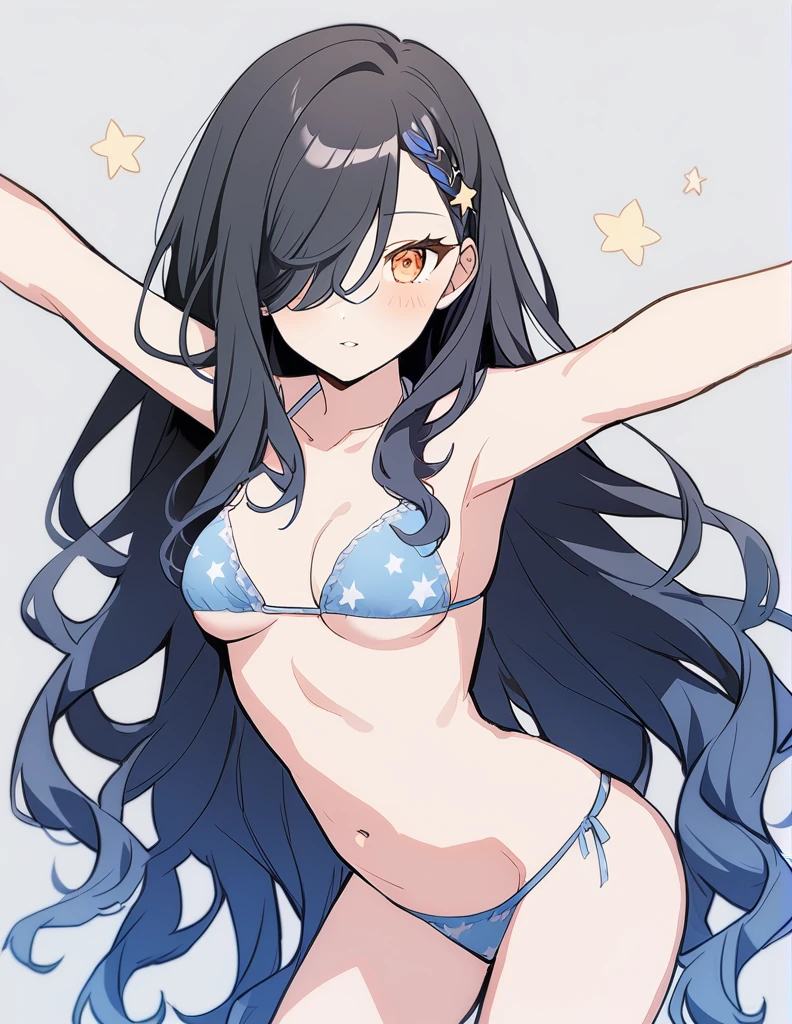 1girl, Shiraishi An \(Project Sekai\), Project sekai, very long hair, hair over eyes, black hair with blue tips, worn loose with little stars accesories,orange eyes, flirtatious look, open arms, lingerine, bikini, titties out, nsfw