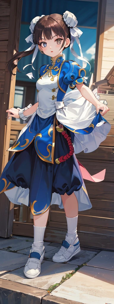 chun-li,((masterpiece)), ((best quality)), ((ultra detailed)), ((kawaii)), cute, (lovely), ((extremely detailed)), ((8K)), (beautiful),flat breast, tiny breast,full body
