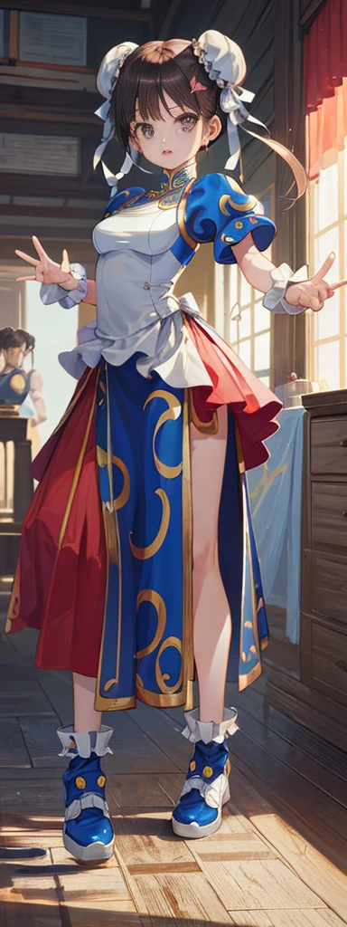 chun-li,((masterpiece)), ((best quality)), ((ultra detailed)), ((kawaii)), cute, (lovely), ((extremely detailed)), ((8K)), (beautiful),flat breast, tiny breast,full body