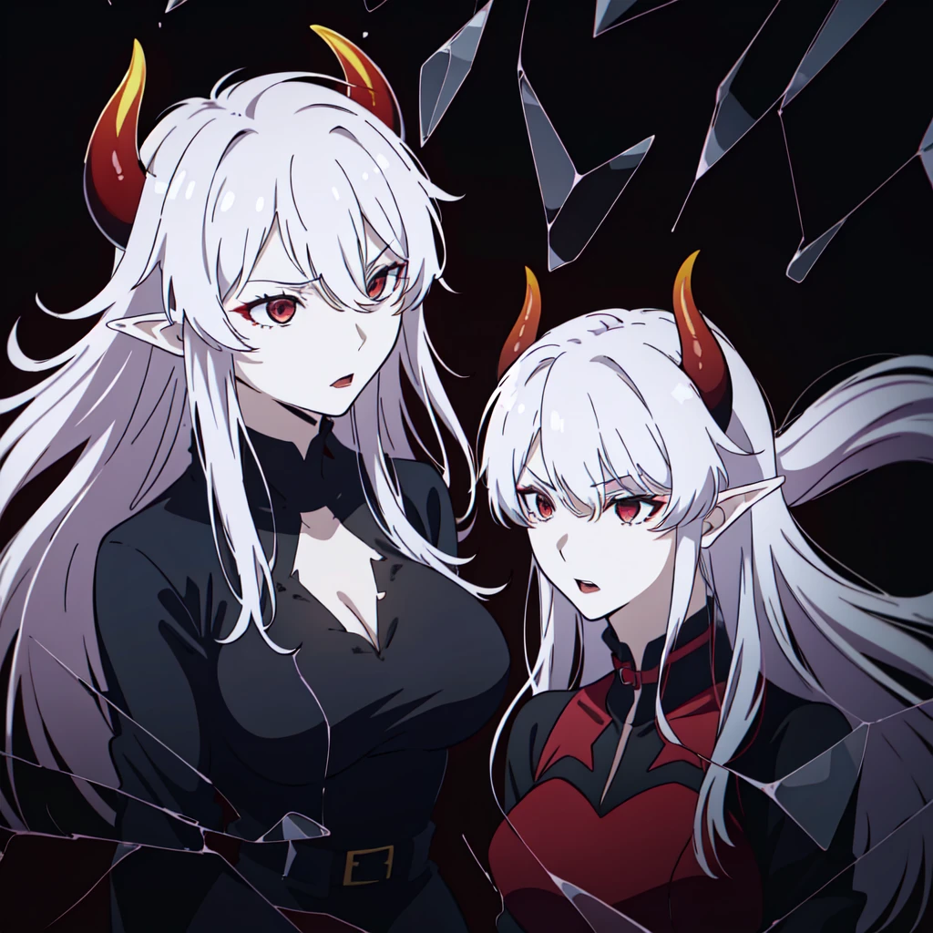 ((3adult woman,独奏,milf,mature female)),red eyes,red lipstick,horns,angry,white hair,long hair,black dress,cleavage,elf ears,(((hair over one eye))),black background,broken glass no horns on head