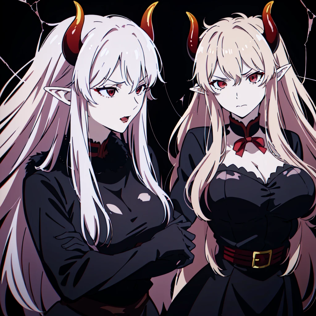 ((3adult woman,独奏,milf,mature female)),red eyes,red lipstick,horns,angry,white hair,long hair,black dress,cleavage,elf ears,(((hair over one eye))),black background,broken glass no horns on head