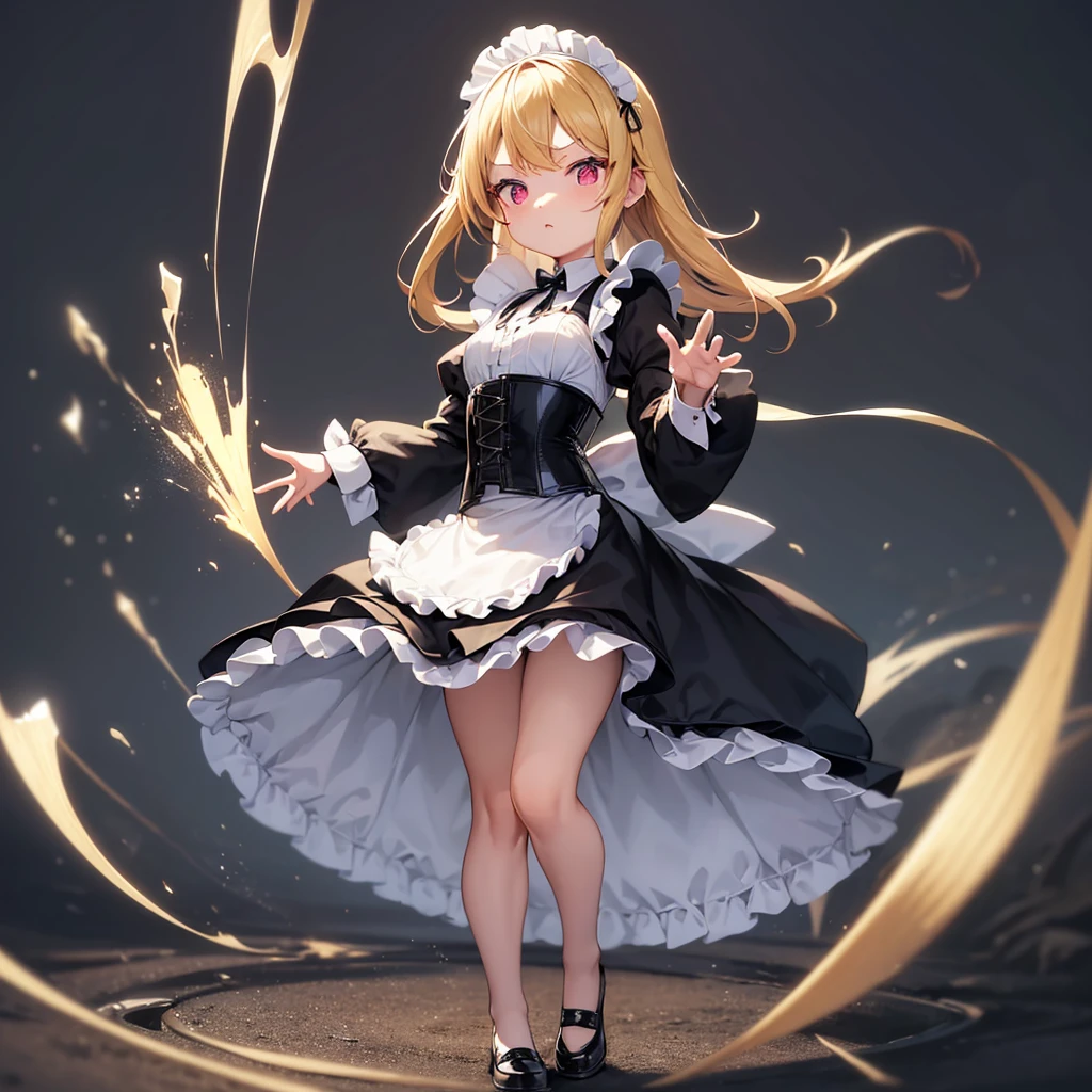 ((Maid)),((白いMaid服)),(Corset),Cute little ,Tiny ,Small girl,,Childish face, Very fine clean face,Top quality, Big eyes,Straight Hair,Yellow hair,Crimson Eye,(Dark Room), Subtle light, Natural breeze,Soft lighting,Light from directly behind, (Are standing), Cute pose, (Open your hands), Showing the whole body,Front view,Black background