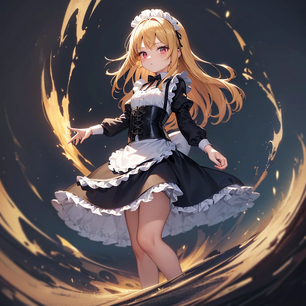 ((Maid)),((白いMaid服)),(Corset),Cute little ,Tiny ,Small girl,,Childish face, Very fine clean face,Top quality, Big eyes,Straight Hair,Yellow hair,Crimson Eye,(Dark Room), Subtle light, Natural breeze,Soft lighting,Light from directly behind, (Are standing), Cute pose, (Open your hands), Showing the whole body,Front view,Black background
