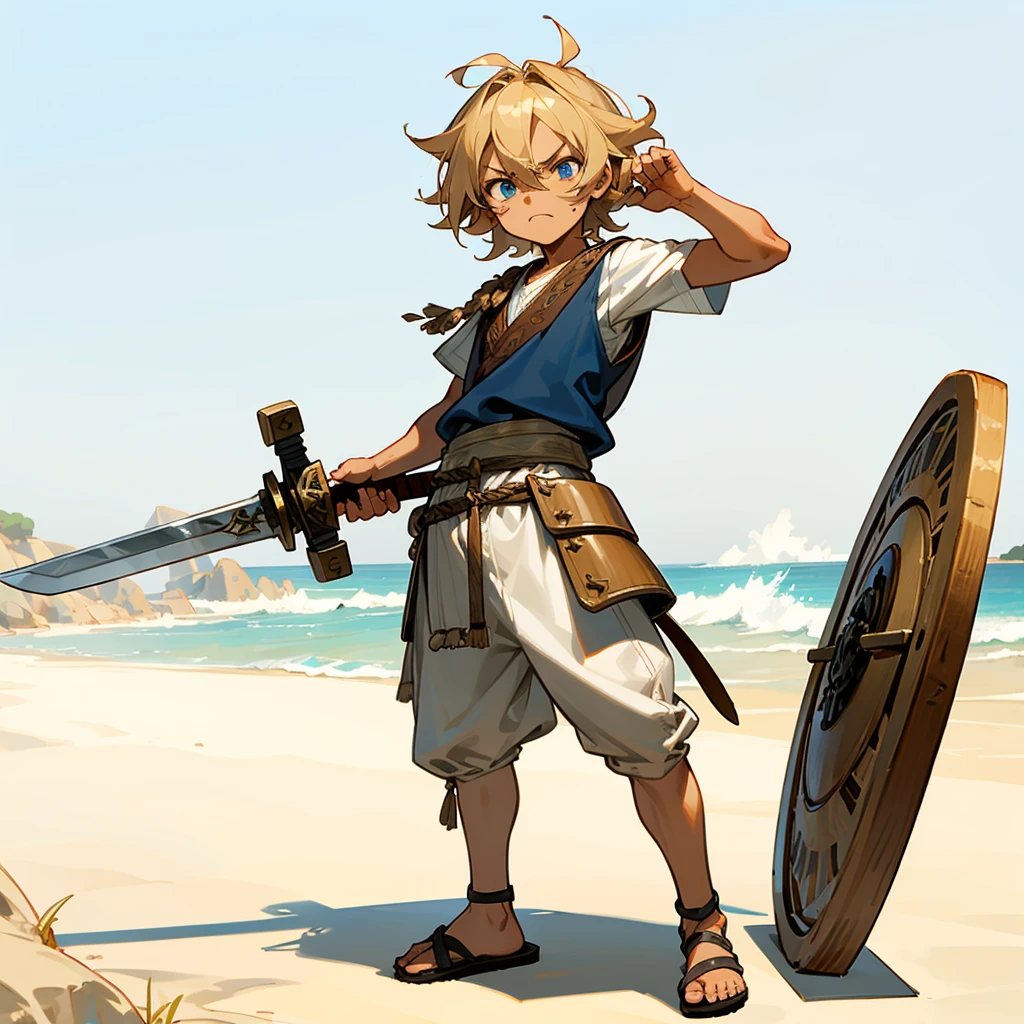 1little boys, Full body version, 1character, blue eyes, Tan skin, long Shaggy hairstyle, blonde colour hair, angry expression, ancient Greek clothing, ancient Greek sandals, wood sword in hand, small shield wood in hand, wood armor vest, Grassroots background in beach