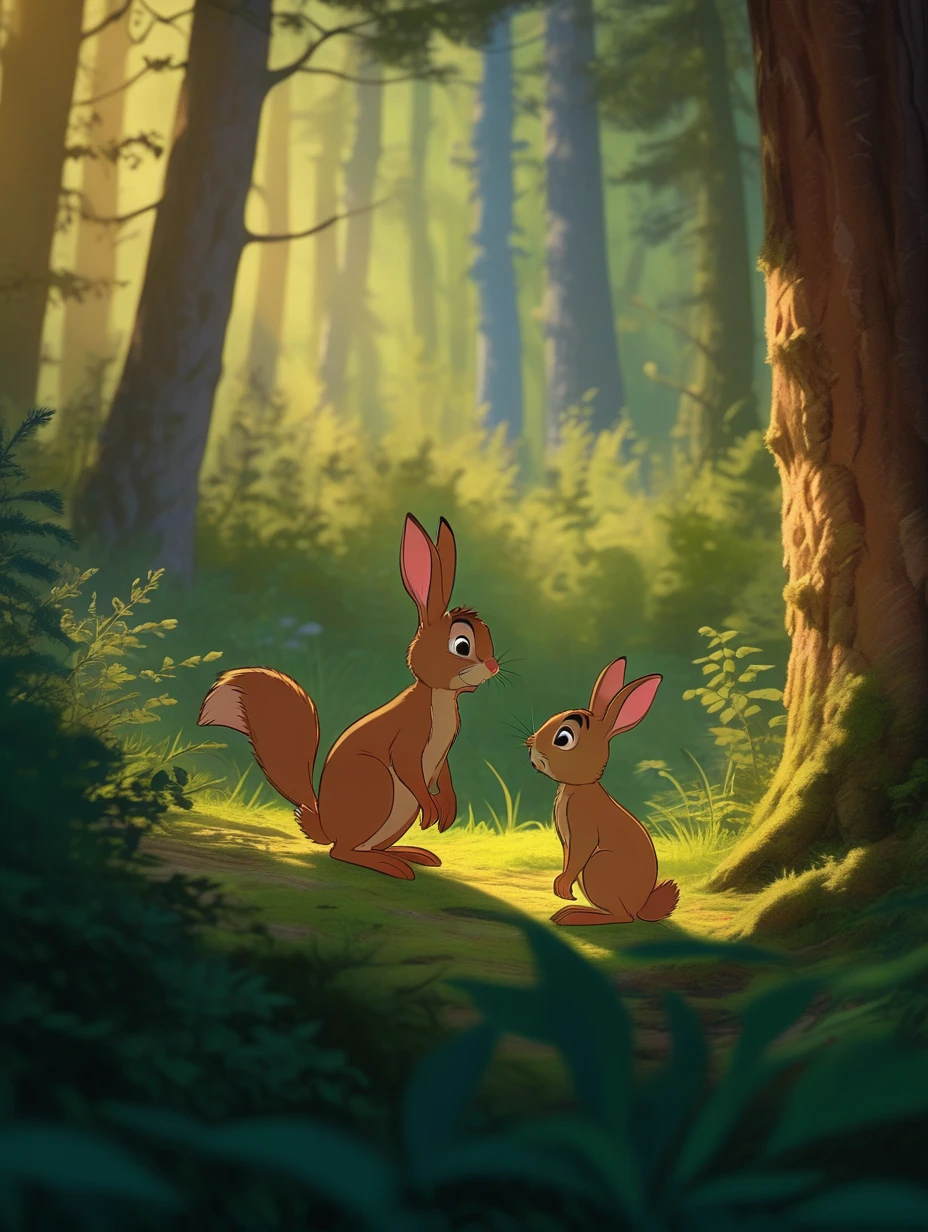 Forest edge, Rabbit Mimi, Squirrel Bobo, Morning sunlight, Forest background, Dense trees, Distant hills,Disney Pixar Cartoon style,j_cartoon,