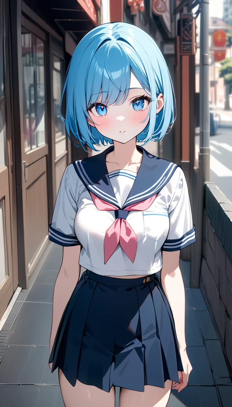 (1 girl),(Best Picture Quality, 8K, Masterpiece:1.3), (high school student:1.5), (pink lob hair:1.1), [skyblue hair:0.1], (bob cut),(swept bangs), (cute eyes, pupil black, iris skyblue, youthful face), (mole under right eye), (standard weight), (medium breasts), (glistening skin:1.1),(pale skin:1.2), ((serafuku, white sailor short sleeve simple shirt, darkblue skirt, darkblue sailor collar, pink ribbon)),city street,vanishing point,manga , monochrome , line.