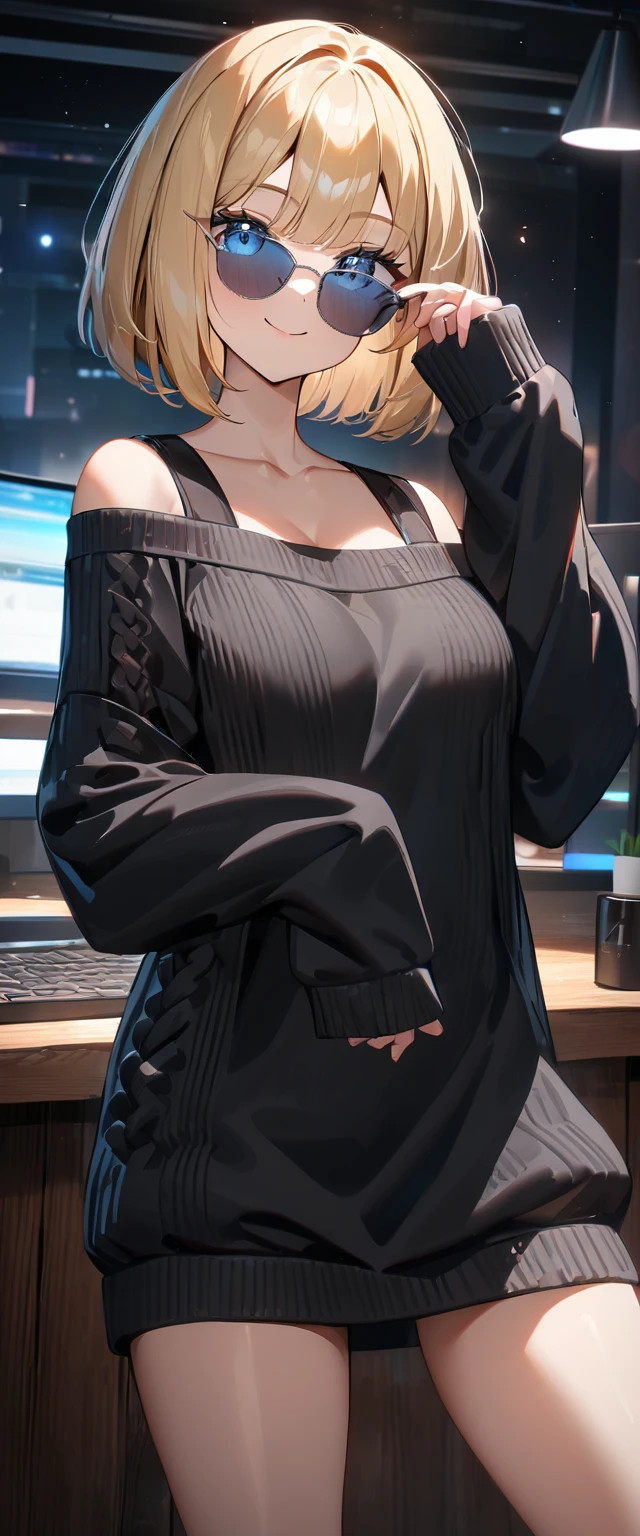 (((One girl))), blond hair, ((sunglasses, hand to sunglasses)), ((bob cut:1.3)), breasts, cleavage, (cowboy shot), standard body, (looking at viewer), oversized clothes, puffy long sleeves, collarbone, ((off-shoulder knit sweater dress:1.3, Quite thick shoulder straps)), (((sleeves past wrists:1.3))), ((black sweater)), teenager, head tilt:1.3, (((blue eye))), ((happy smile)), (((anime style))), (best quality, 4k, 8k, highres, masterpiece:1.2, ultra-detailed, ultra-detailed eyes, HDR, UHD, studio lighting, ultra-fine painting, sharp focus, physically-based rendering, extreme detail description, professional, vivid colors, bokeh), ((Highest quality, Best image quality, Ultra-high resolution, Ultra-high resolution, solo, Strong eye highlights)), Depth of written boundary, Natural soft light, attractive, Beautiful Face, Cleanliness, Pure Face, nedium chest, Beautiful Face, Perfect Fingers, Perfect hands, Perfect body, Perfect Face, Shine a light into your eyes, Perfect Anatomy