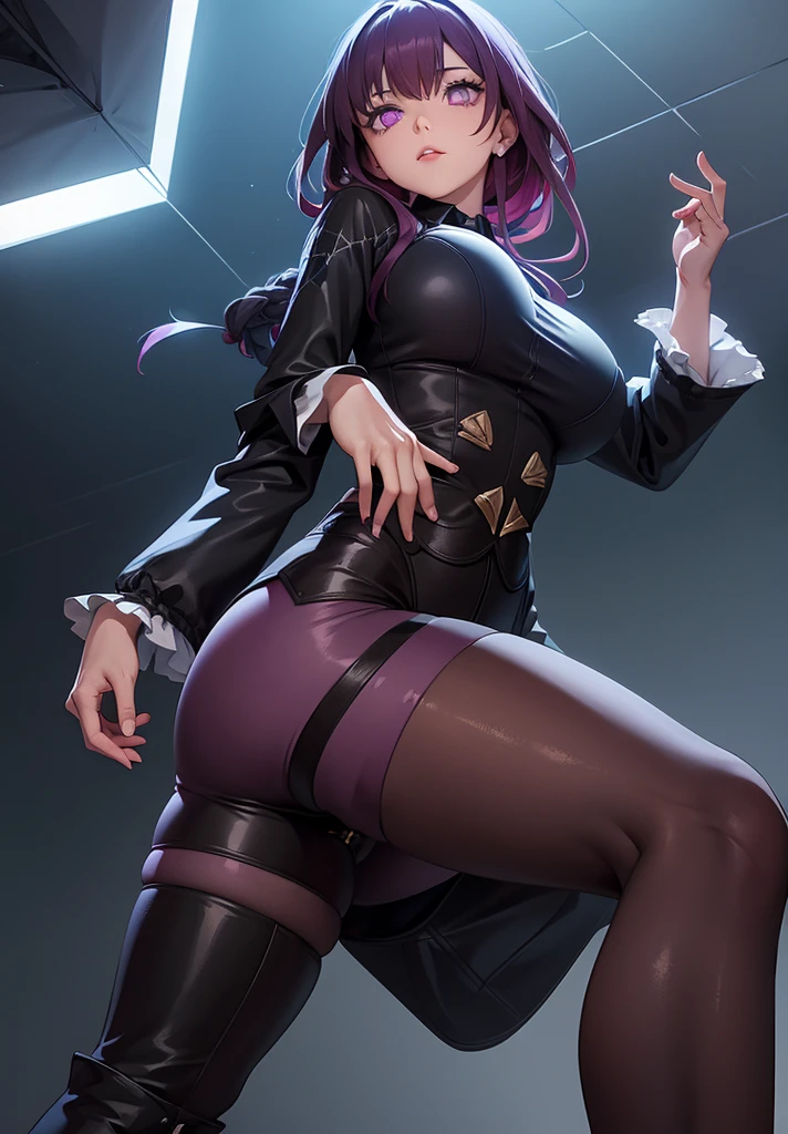Masterpiece level, highest quality assurance, highlighting the image of 1 girl, official style, fantastic purple eyes and hair, elastic skin, moderate medium shot, looking directly at the audience, clear picture and vignetting effect, detailed and charming eyes (pureerosface_v1:0.5), extremely provocative action, intense star track background, bustling cross-legged, arrogant bangs, horror apocalyptic background, the same color of left and right eyes, (from below:1.5), (one girl:1.5)